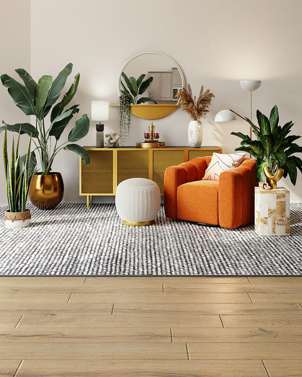 A bright, tidy living room with plants and an orange armchair